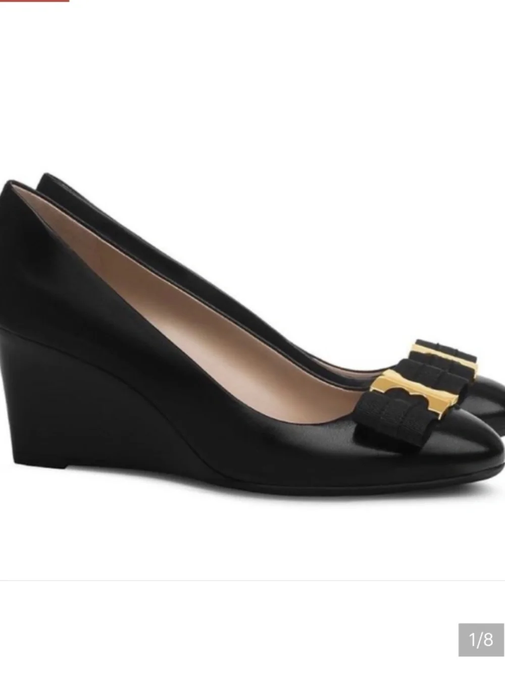Tory Burch Gemini Black Leather Grosgrain Bow Wedge Heels Size 7M